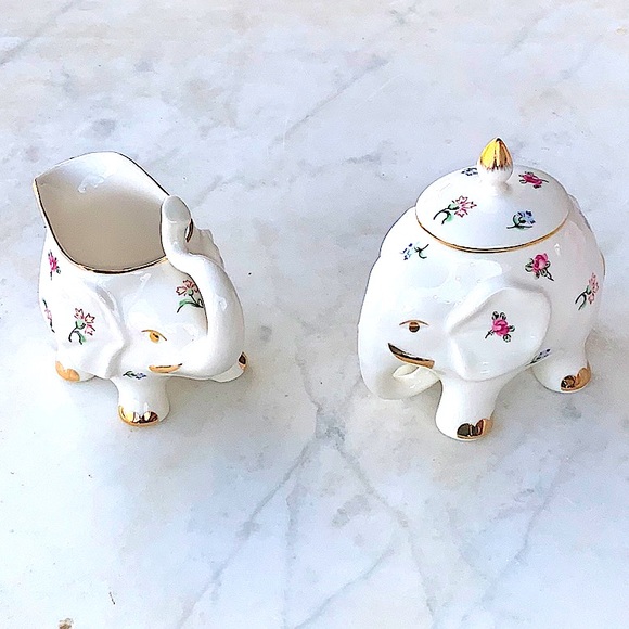 GRACE’S TEAWARE CREAMER & SUGAR BOWL SET ELEPHANT FLOWERS GOLD TRIM - Picture 6 of 14
